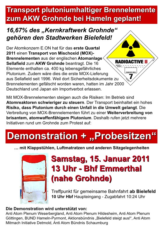 Demonstration gegen geplante MOX-Brennelement-Anlieferung am AKW Grohnde: Am 15. Januar 2011 ab 13 Uhr ab BHF Emmerthal